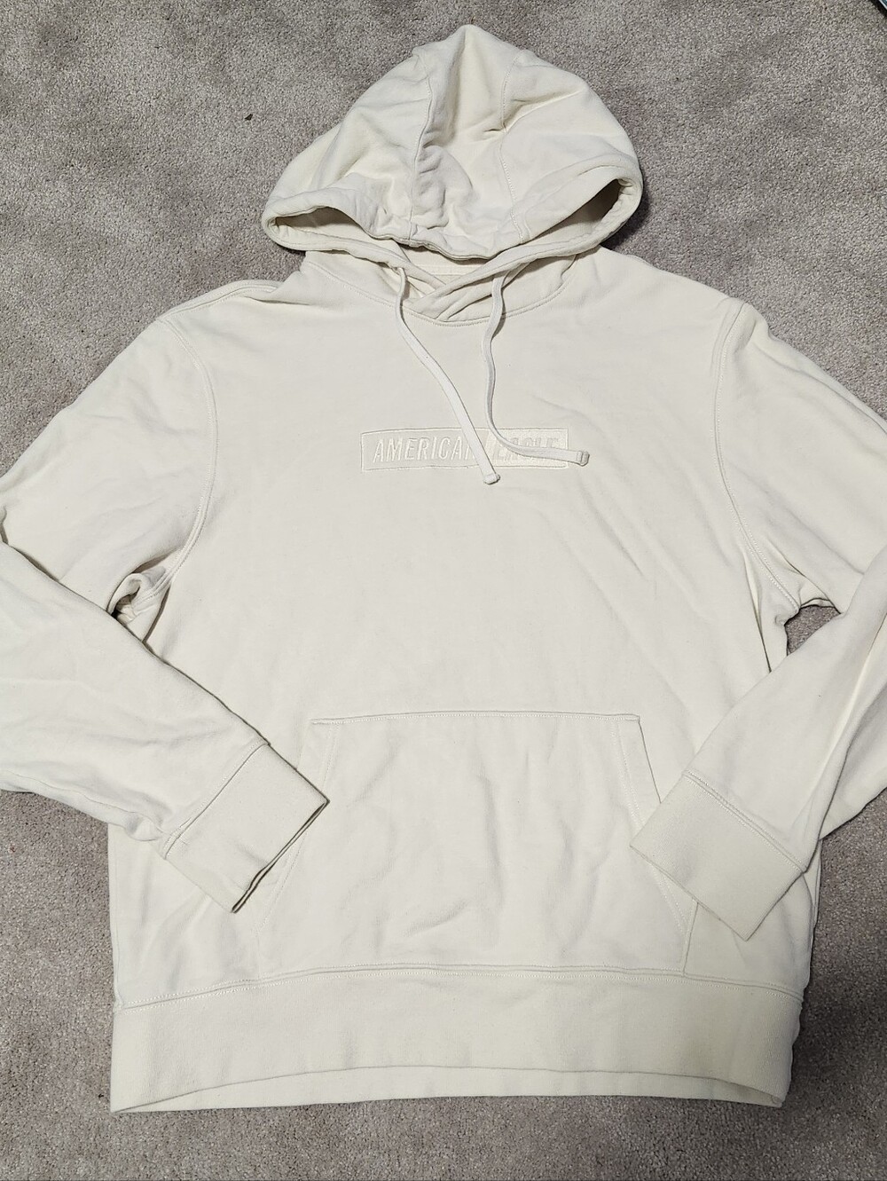 American Eagle Outfitters Men's Cream Colored Pullover Hoodie 100% Cotton Large